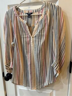 Chaps Striped V-Neck Tunic Top - Cream, Blue & Pink